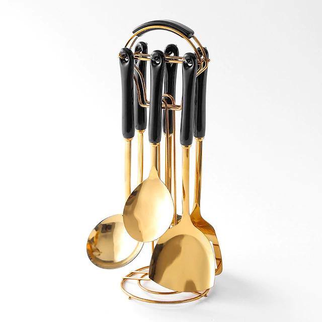 Luxe Gouden Keukengerei Set - 7-delig met Stand Lattea-Cooking Utensil Sets-De Bazelaar
