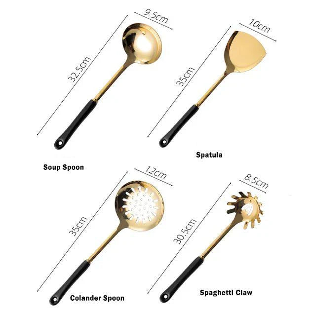 Luxe Gouden Keukengerei Set - 7-delig met Stand Lattea-Cooking Utensil Sets-De Bazelaar