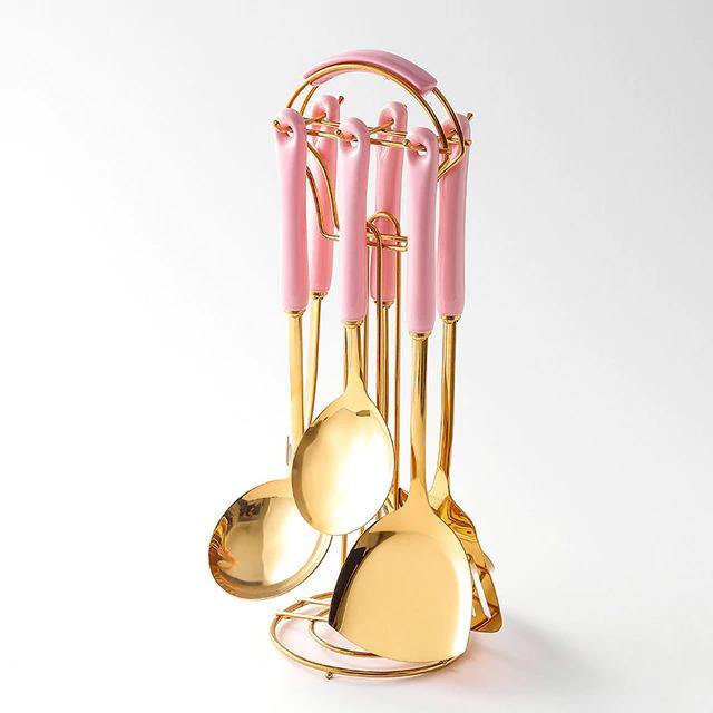 Luxe Gouden Keukengerei Set - 7-delig met Stand Lattea-Cooking Utensil Sets-De Bazelaar