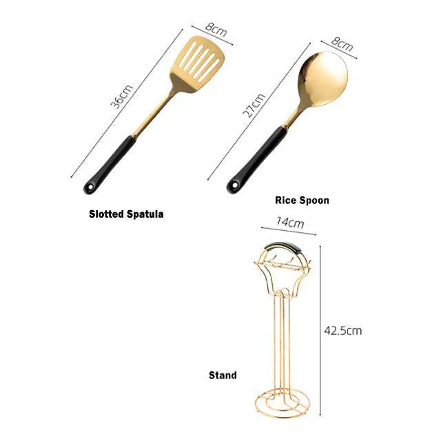 Luxe Gouden Keukengerei Set - 7-delig met Stand Lattea-Cooking Utensil Sets-De Bazelaar