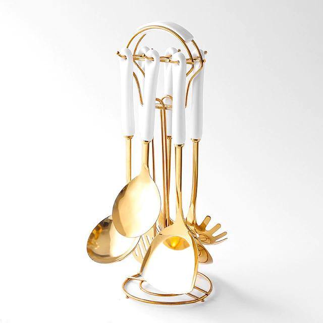 Luxe Gouden Keukengerei Set - 7-delig met Stand Lattea-Cooking Utensil Sets-De Bazelaar