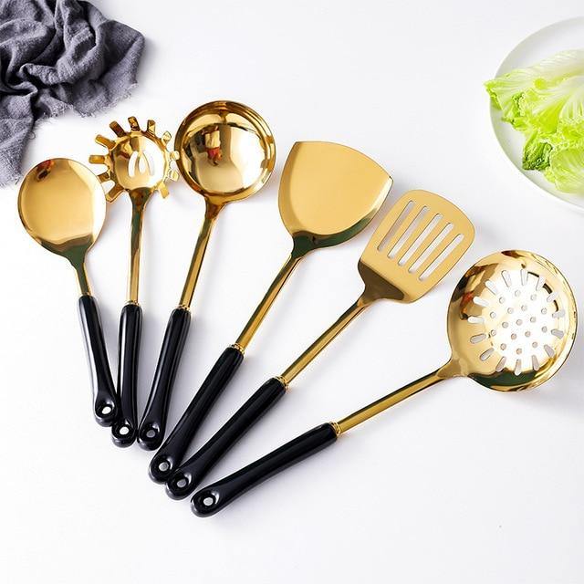 Luxe Gouden Keukengerei Set - 7-delig met Stand Lattea-Cooking Utensil Sets-De Bazelaar