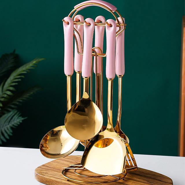 Luxe Gouden Keukengerei Set - 7-delig met Stand Lattea-Cooking Utensil Sets-De Bazelaar