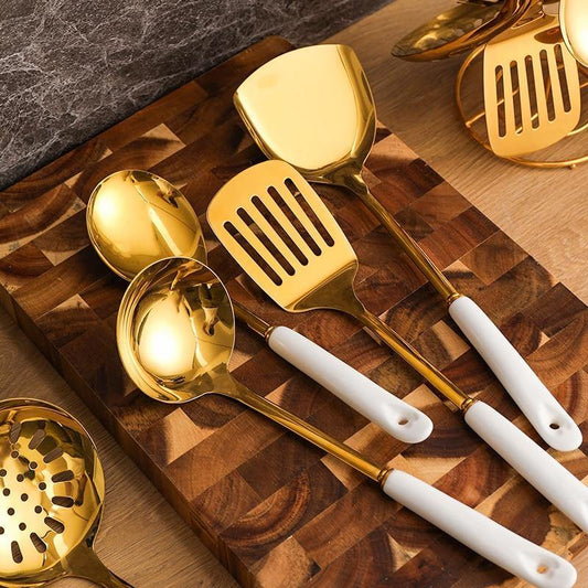 Luxe Gouden Keukengerei Set - 7-delig met Stand Lattea-Cooking Utensil Sets-De Bazelaar