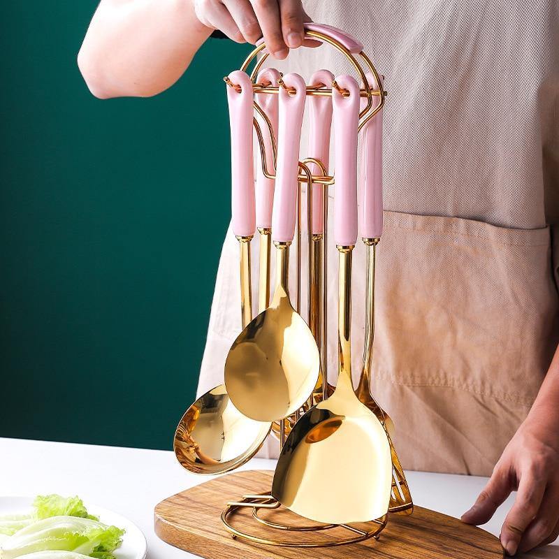 Luxe Gouden Keukengerei Set - 7-delig met Stand Lattea-Cooking Utensil Sets-De Bazelaar