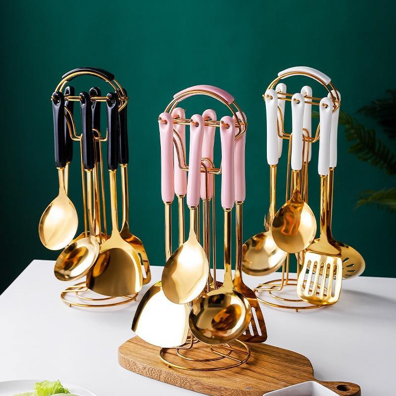 Luxe Gouden Keukengerei Set - 7-delig met Stand Lattea-Cooking Utensil Sets-De Bazelaar