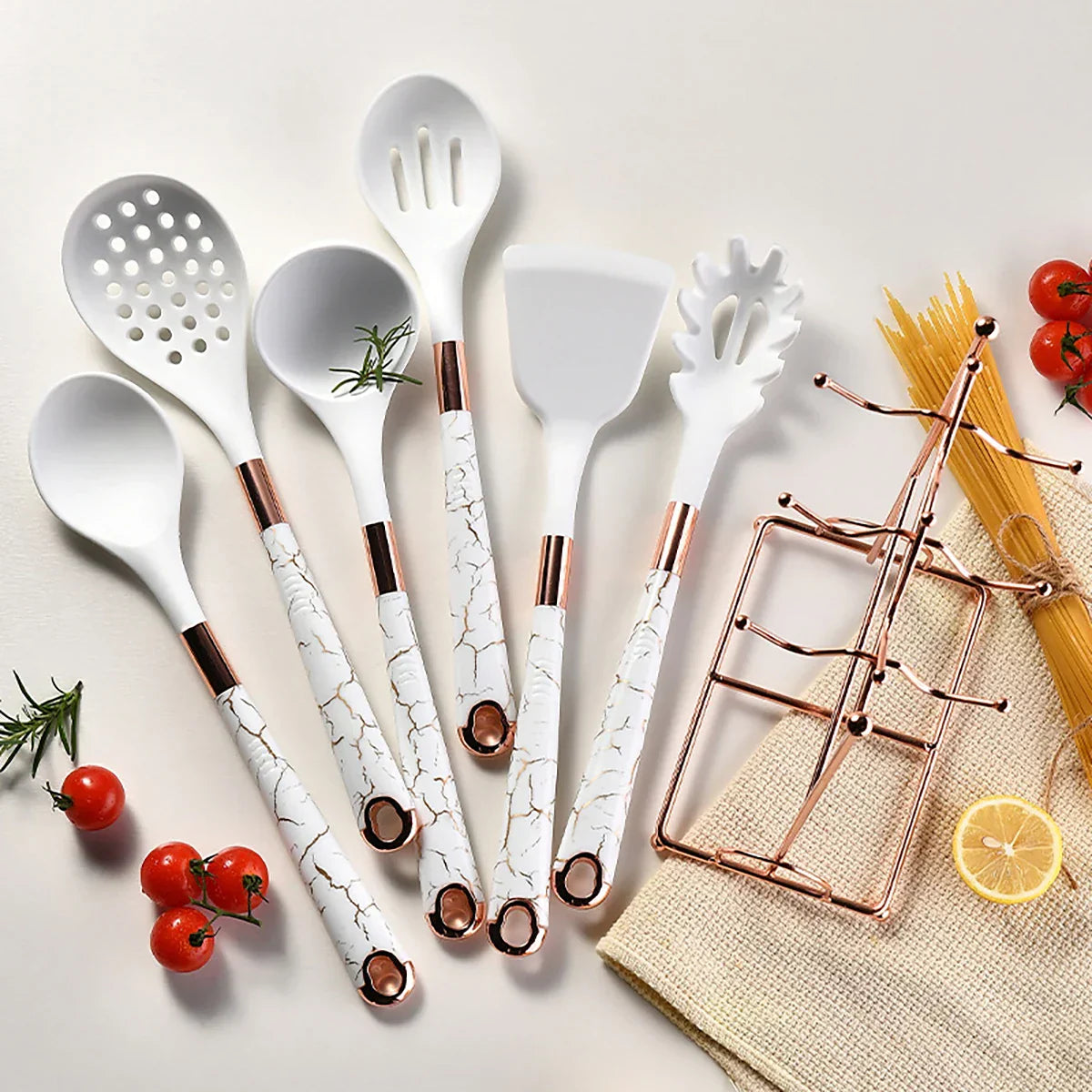 7-delige Keukengerei Set - Roségoud - Inclusief Stand Lattea - Stijlvol en Functioneel-Cooking Utensil Sets-De Bazelaar
