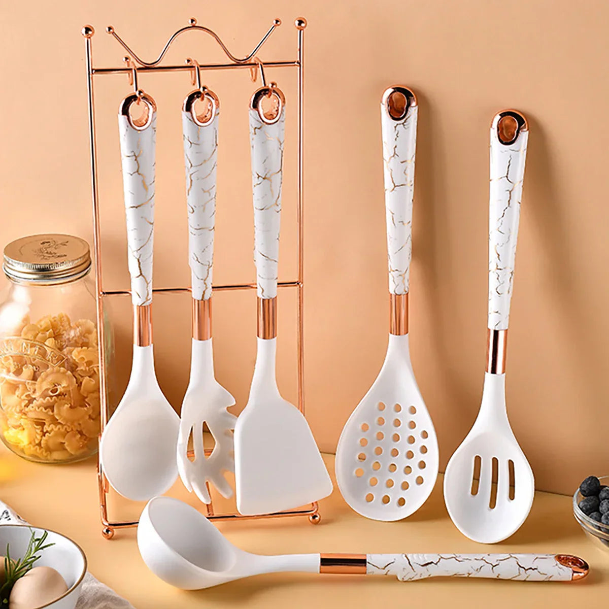 7-delige Keukengerei Set - Roségoud - Inclusief Stand Lattea - Stijlvol en Functioneel-Cooking Utensil Sets-De Bazelaar