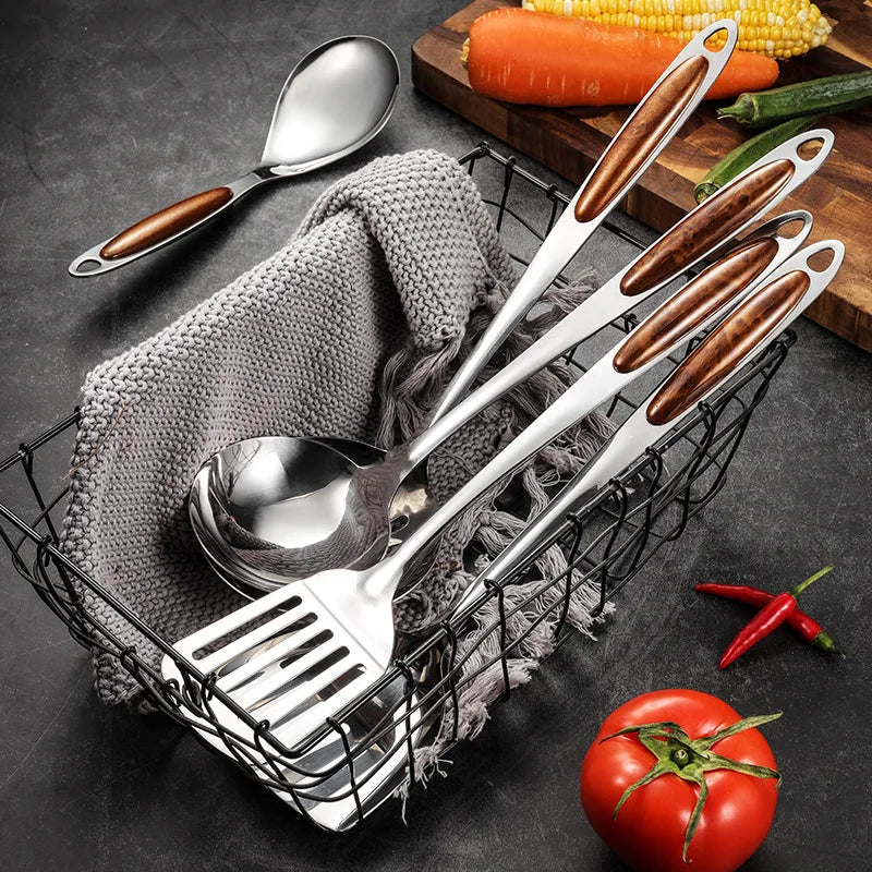RVS Keukengerei Set - 7-delig - Houtachtige Handvatten - Duurzaam en Stijlvol-Cooking Utensil Sets-De Bazelaar