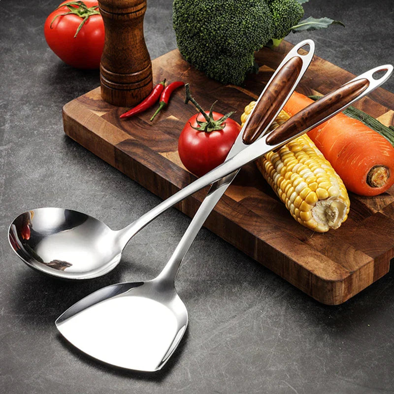 RVS Keukengerei Set - 7-delig - Houtachtige Handvatten - Duurzaam en Stijlvol-Cooking Utensil Sets-De Bazelaar