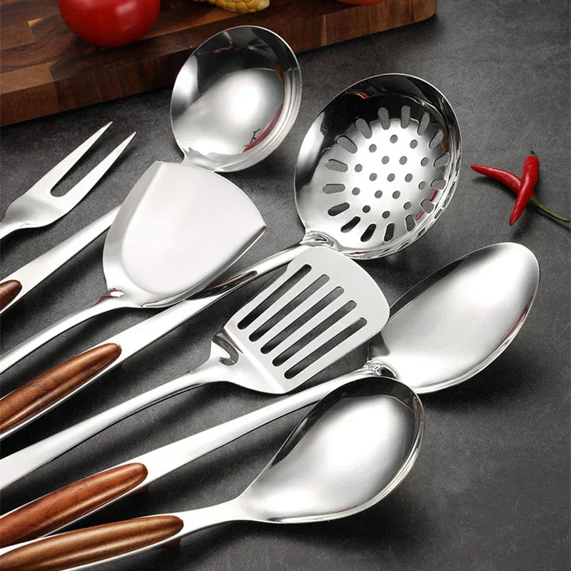 RVS Keukengerei Set - 7-delig - Houtachtige Handvatten - Duurzaam en Stijlvol-Cooking Utensil Sets-De Bazelaar