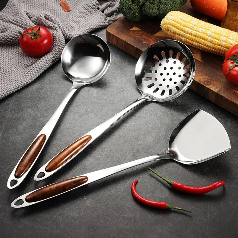 RVS Keukengerei Set - 7-delig - Houtachtige Handvatten - Duurzaam en Stijlvol-Cooking Utensil Sets-De Bazelaar