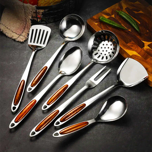 RVS Keukengerei Set - 7-delig - Houtachtige Handvatten - Duurzaam en Stijlvol-Cooking Utensil Sets-De Bazelaar