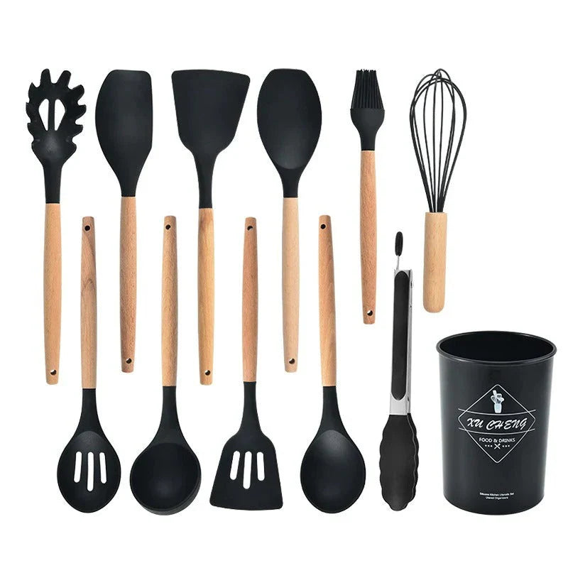 Niet-toxische Siliconen Kookgerei Set - BPA-vrij - Houten Handvatten-Cooking Utensil Sets-De Bazelaar
