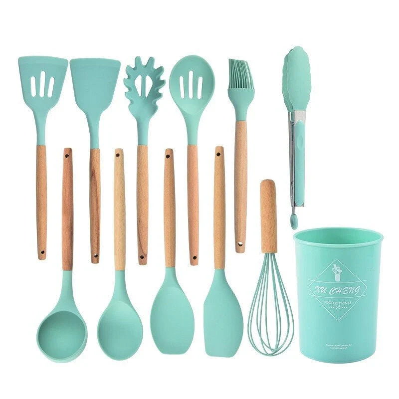 Niet-toxische Siliconen Kookgerei Set - BPA-vrij - Houten Handvatten-Cooking Utensil Sets-De Bazelaar