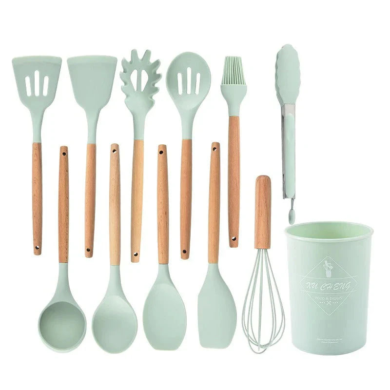 Niet-toxische Siliconen Kookgerei Set - BPA-vrij - Houten Handvatten-Cooking Utensil Sets-De Bazelaar