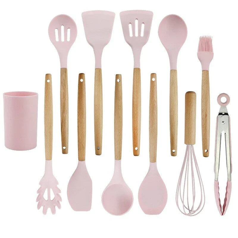 Niet-toxische Siliconen Kookgerei Set - BPA-vrij - Houten Handvatten-Cooking Utensil Sets-De Bazelaar