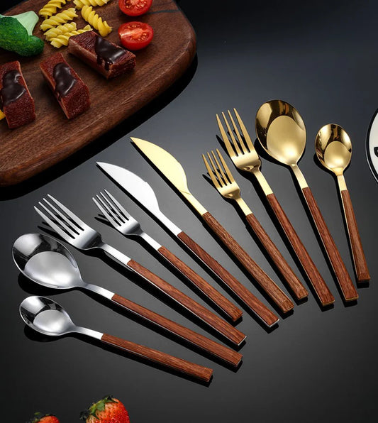 RVS Bestekset - Houten Handvat - Duurzaam & Stijlvol-Cutlery Sets-De Bazelaar
