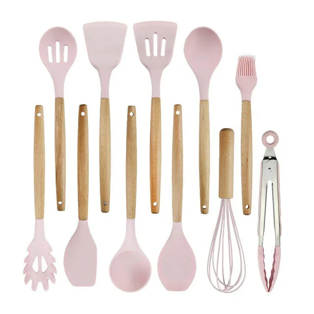 Antiaanbak Silicone Kookgerei Set - Houten Handvatten - Duurzaam en Functioneel-Cooking Utensil Sets-De Bazelaar