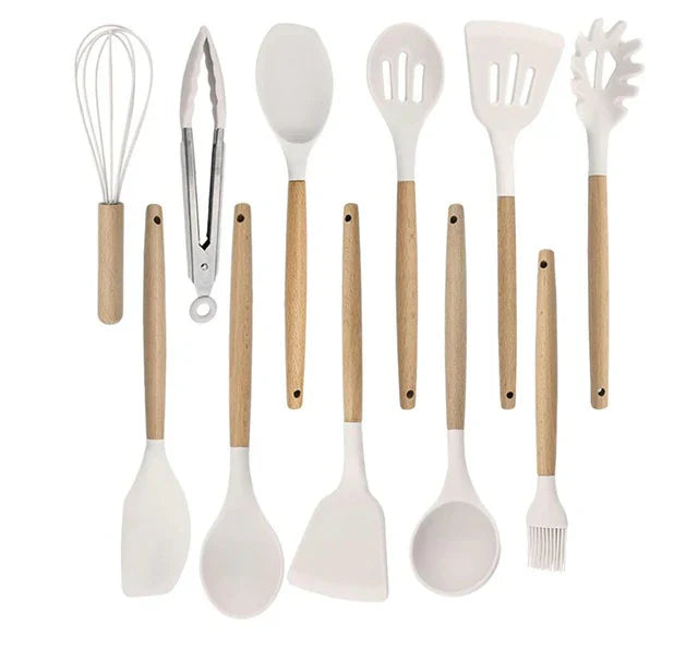 Antiaanbak Silicone Kookgerei Set - Houten Handvatten - Duurzaam en Functioneel-Cooking Utensil Sets-De Bazelaar