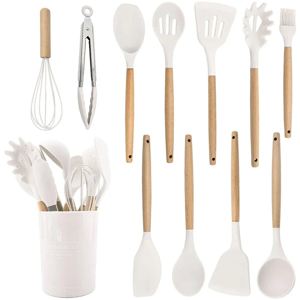Niet-toxische Siliconen Kookgerei Set - BPA-vrij - Houten Handvatten-Cooking Utensil Sets-De Bazelaar