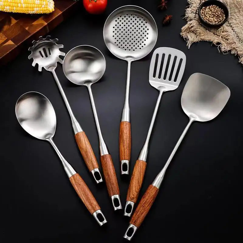 Culina Luxe - RVS Keuken Gereedschap Set - Houten Handvatten - Duurzaam en Stijlvol-Cooking Utensil Sets-De Bazelaar