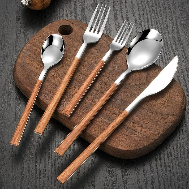 RVS Bestekset - Houten Handvat - Duurzaam & Stijlvol-Cutlery Sets-De Bazelaar