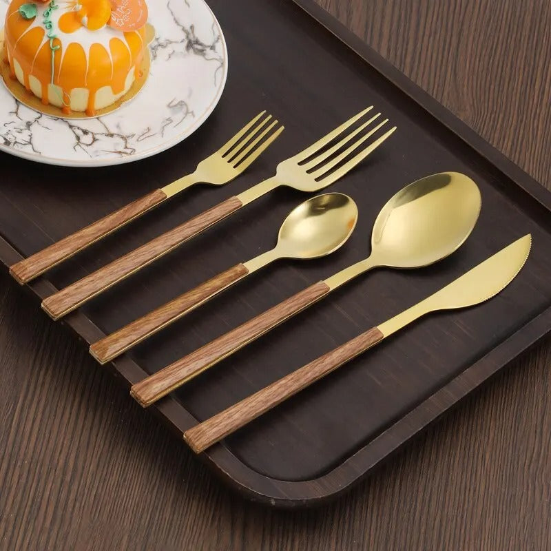 RVS Bestekset - Houten Handvat - Duurzaam & Stijlvol-Cutlery Sets-De Bazelaar