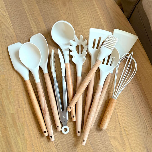 Niet-toxische Siliconen Kookgerei Set - BPA-vrij - Houten Handvatten-Cooking Utensil Sets-De Bazelaar