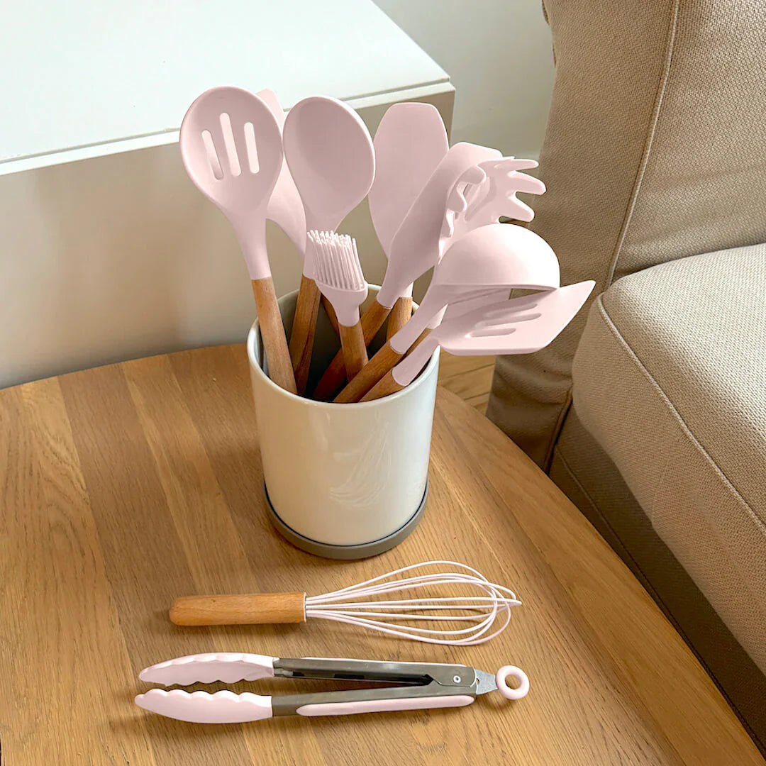 Niet-toxische Siliconen Kookgerei Set - BPA-vrij - Houten Handvatten-Cooking Utensil Sets-De Bazelaar