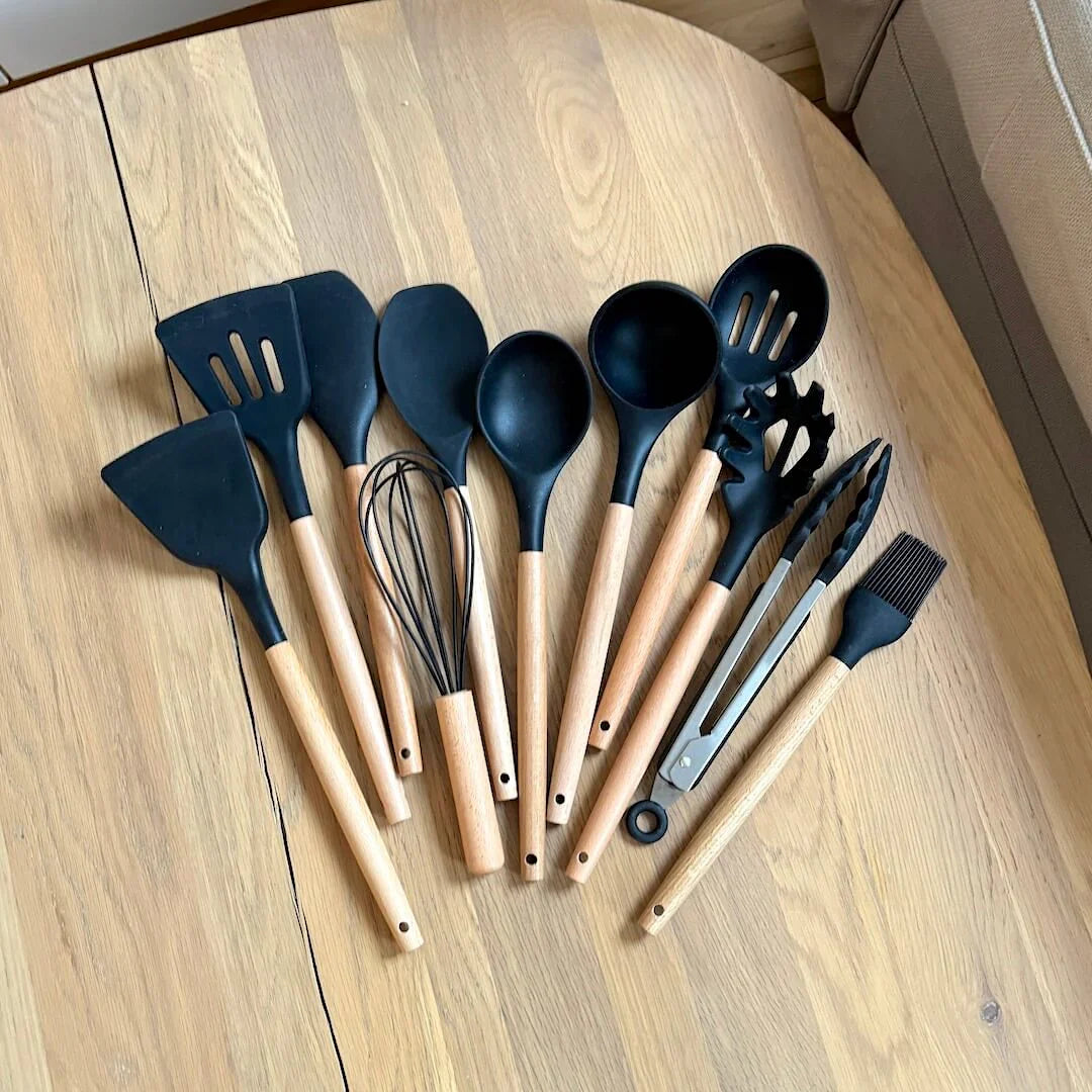 Niet-toxische Siliconen Kookgerei Set - BPA-vrij - Houten Handvatten-Cooking Utensil Sets-De Bazelaar