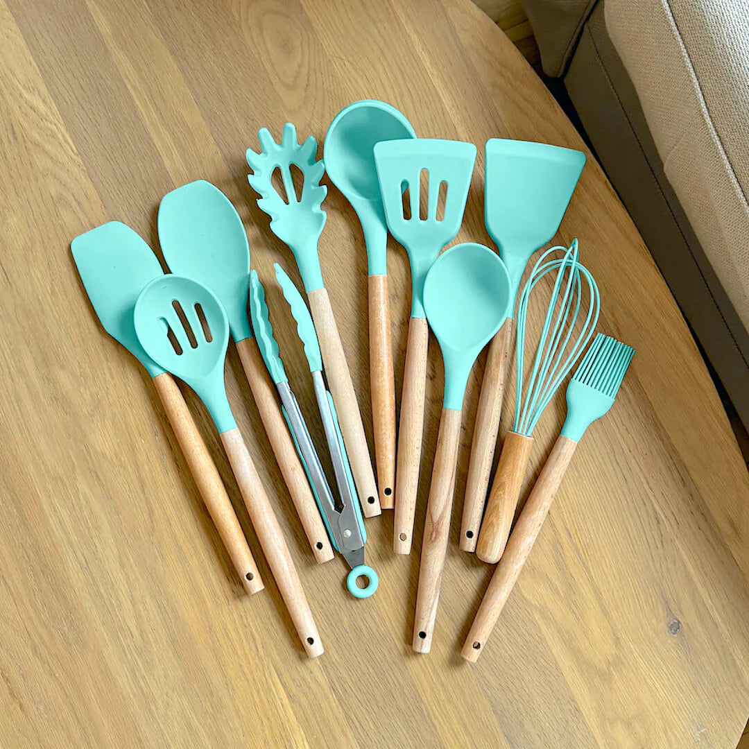 Niet-toxische Siliconen Kookgerei Set - BPA-vrij - Houten Handvatten-Cooking Utensil Sets-De Bazelaar