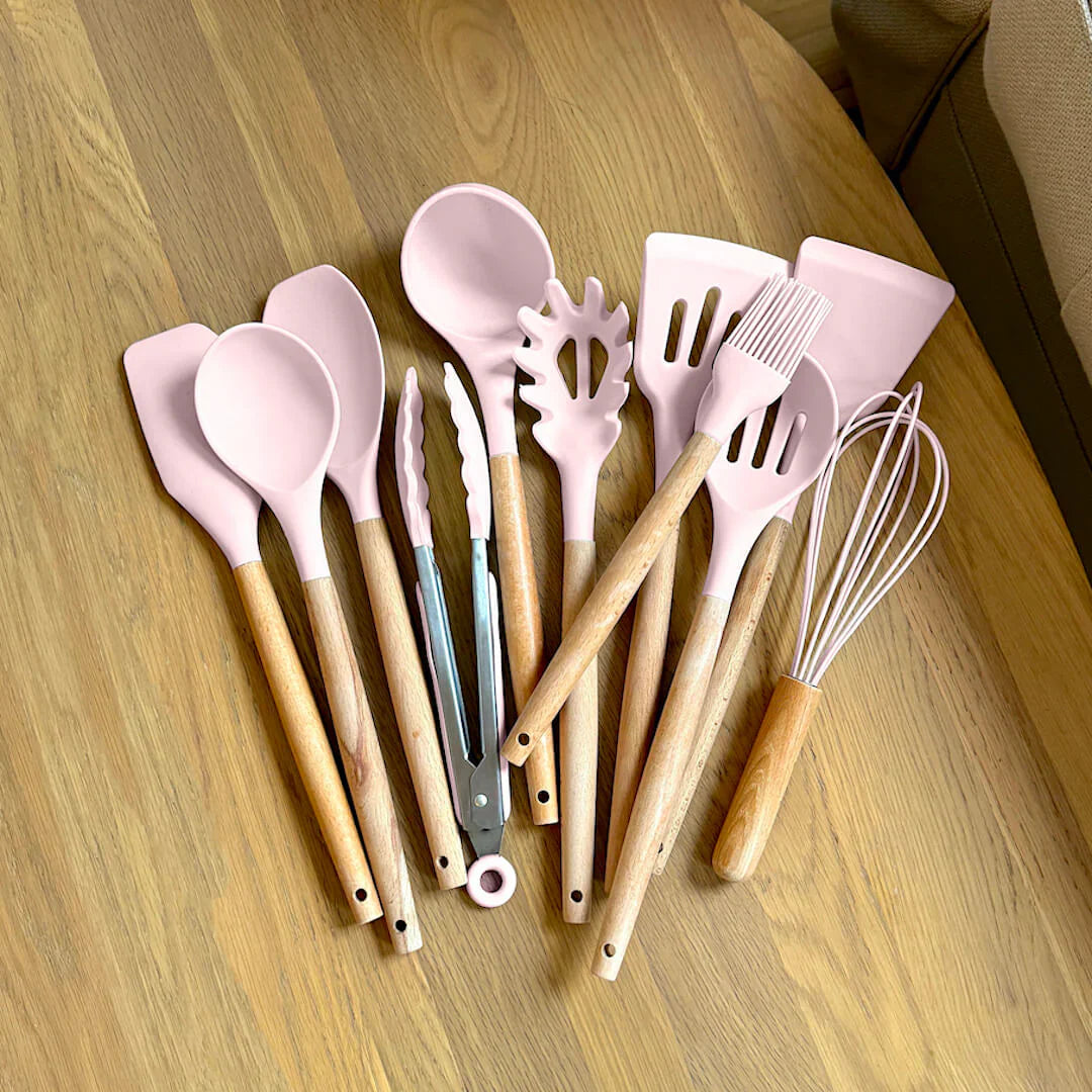 Niet-toxische Siliconen Kookgerei Set - BPA-vrij - Houten Handvatten-Cooking Utensil Sets-De Bazelaar
