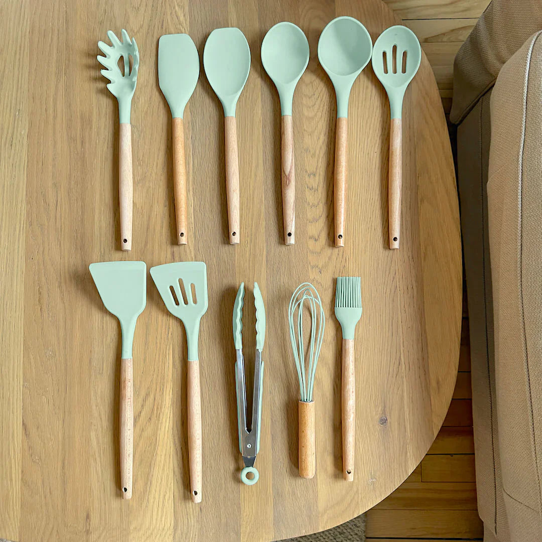 Niet-toxische Siliconen Kookgerei Set - BPA-vrij - Houten Handvatten-Cooking Utensil Sets-De Bazelaar