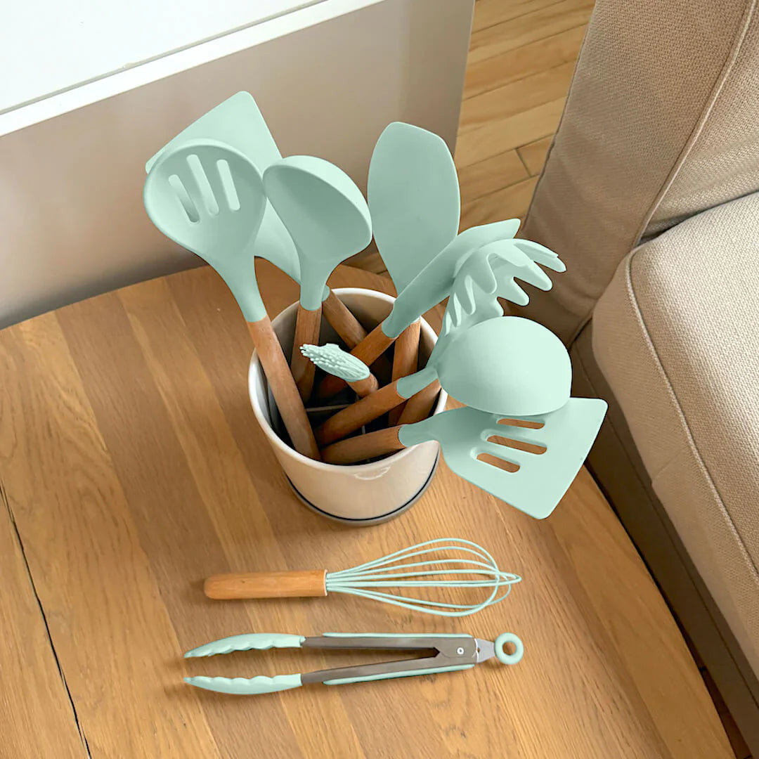 Niet-toxische Siliconen Kookgerei Set - BPA-vrij - Houten Handvatten-Cooking Utensil Sets-De Bazelaar