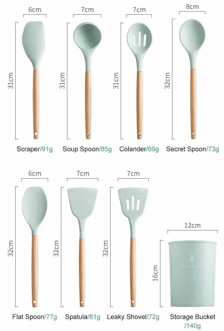 Niet-toxische Siliconen Kookgerei Set - BPA-vrij - Houten Handvatten-Cooking Utensil Sets-De Bazelaar
