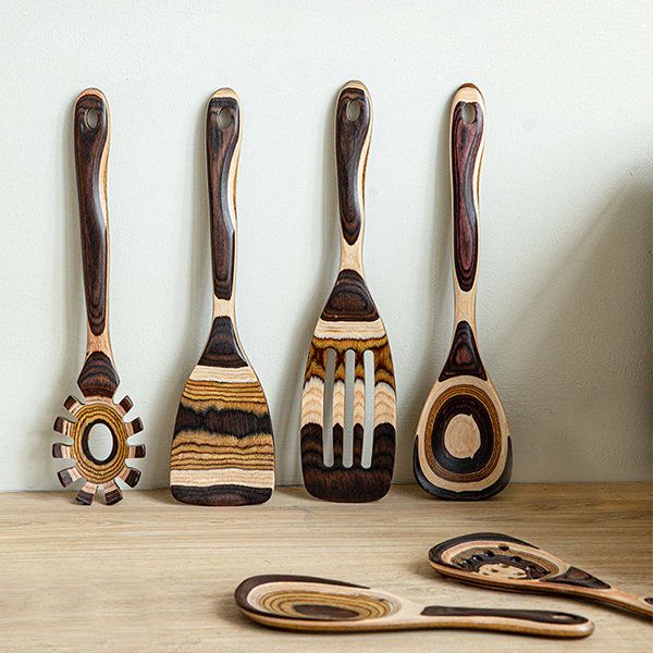 Gestreept Houten Keukengerei Set - Natuurlijke Lattea Creatie - Duurzaam en Stijlvol-Cooking Utensil Sets-De Bazelaar