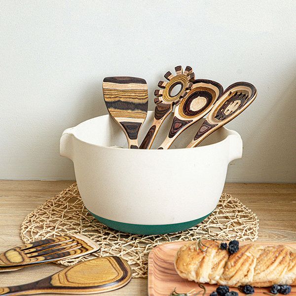 Gestreept Houten Keukengerei Set - Natuurlijke Lattea Creatie - Duurzaam en Stijlvol-Cooking Utensil Sets-De Bazelaar