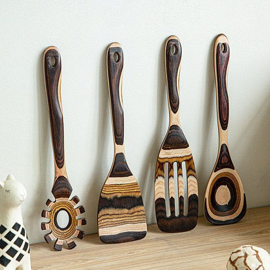 Gestreept Houten Keukengerei Set - Natuurlijke Lattea Creatie - Duurzaam en Stijlvol-Cooking Utensil Sets-De Bazelaar