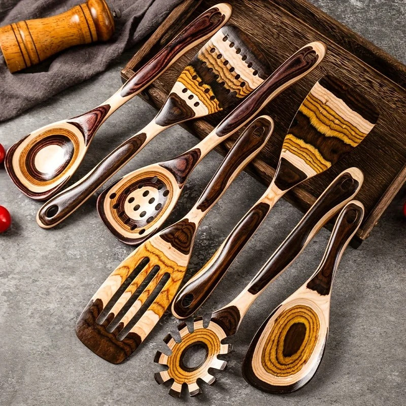 Gestreept Houten Keukengerei Set - Natuurlijke Lattea Creatie - Duurzaam en Stijlvol-Cooking Utensil Sets-De Bazelaar