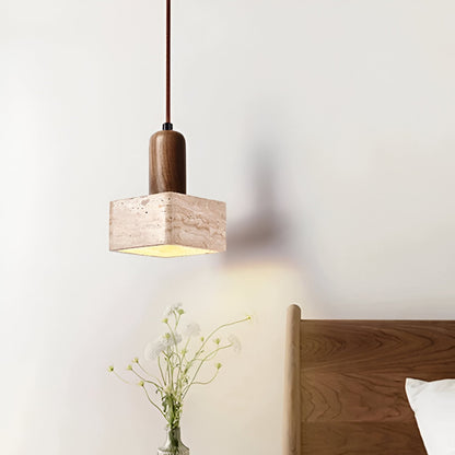 Luxe Vierkante LED Hanglamp van Travertin en Hout-light decor-De Bazelaar