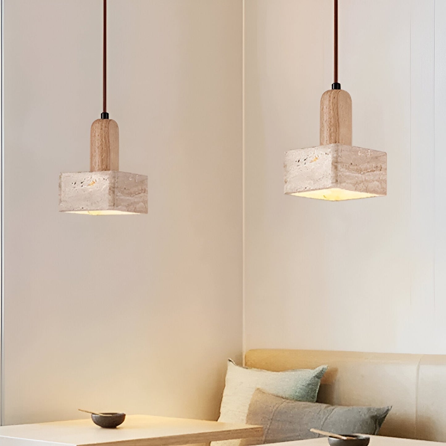 Luxe Vierkante LED Hanglamp van Travertin en Hout-light decor-De Bazelaar