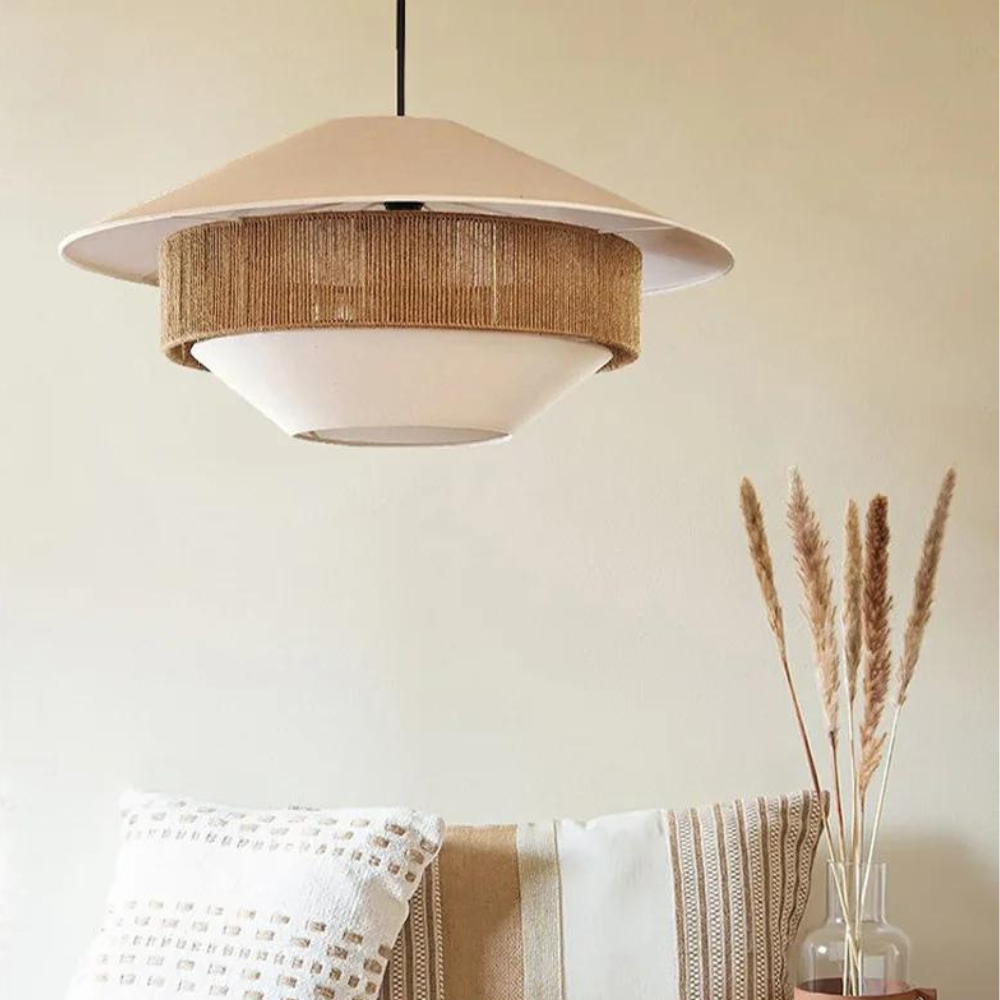 Elegante Hanglamp van Rotan en Stof-light decor-De Bazelaar