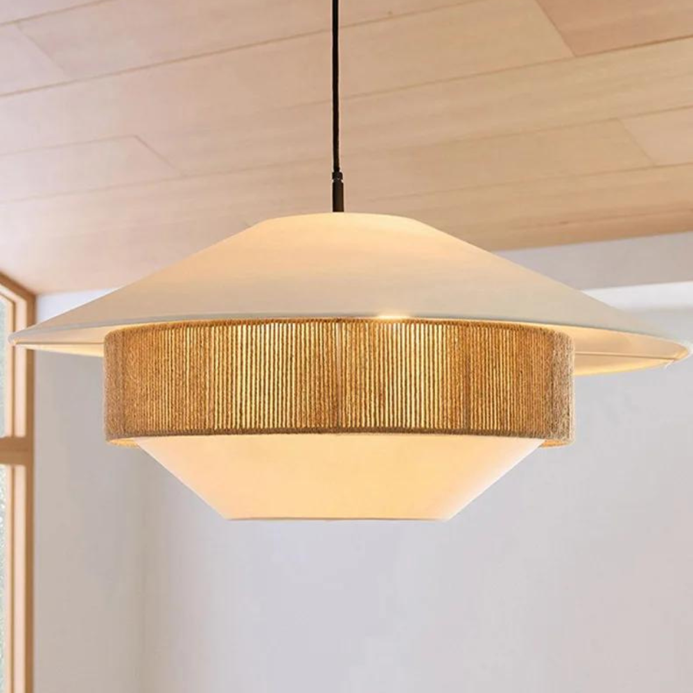 Elegante Hanglamp van Rotan en Stof-light decor-De Bazelaar