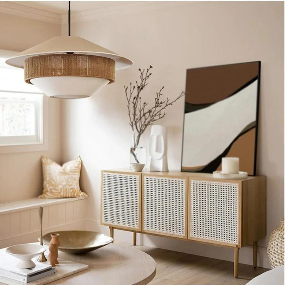 Elegante Hanglamp van Rotan en Stof-light decor-De Bazelaar