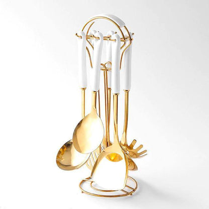 Luxe Gouden Keukengerei Set - 7-delig met Stand Lattea-Cooking Utensil Sets-De Bazelaar