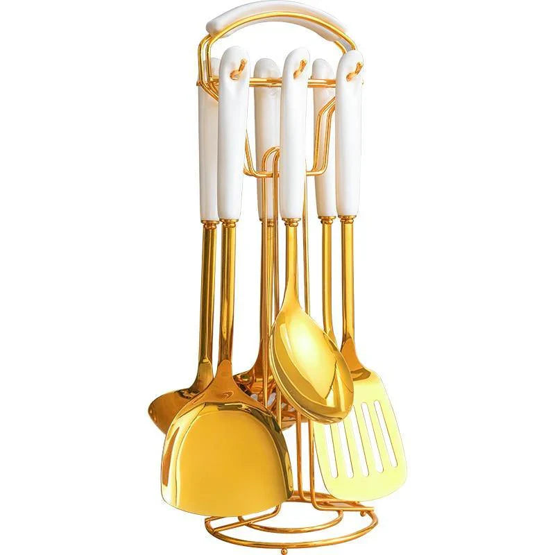 Luxe Gouden Keukengerei Set - 7-delig met Stand Lattea-Cooking Utensil Sets-De Bazelaar