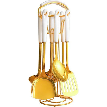 Luxe Gouden Keukengerei Set - 7-delig met Stand Lattea-Cooking Utensil Sets-De Bazelaar