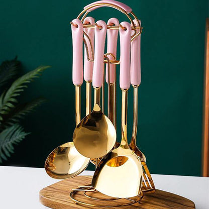 Luxe Gouden Keukengerei Set - 7-delig met Stand Lattea-Cooking Utensil Sets-De Bazelaar