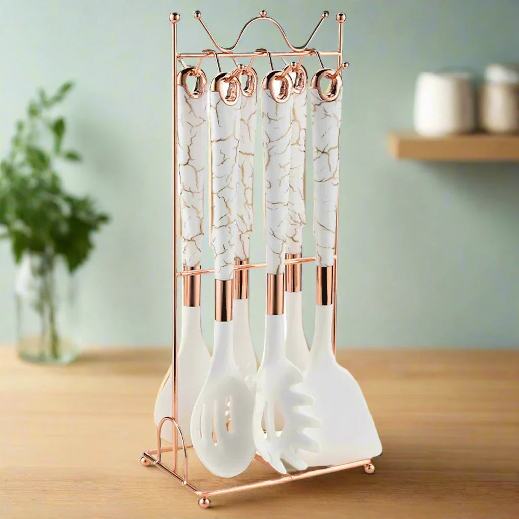 7-delige Keukengerei Set - Roségoud - Inclusief Stand Lattea - Stijlvol en Functioneel-Cooking Utensil Sets-De Bazelaar